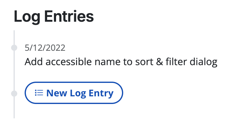 A log entry stating "Add accessible name to sort & filter dialog."