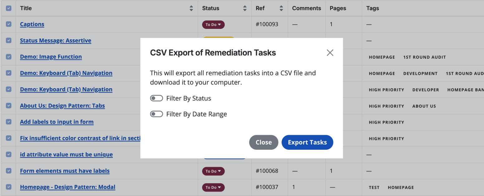 The export as CSV modal on top of a table of remediation tasks. There are 2 filters, filter by status and date range.