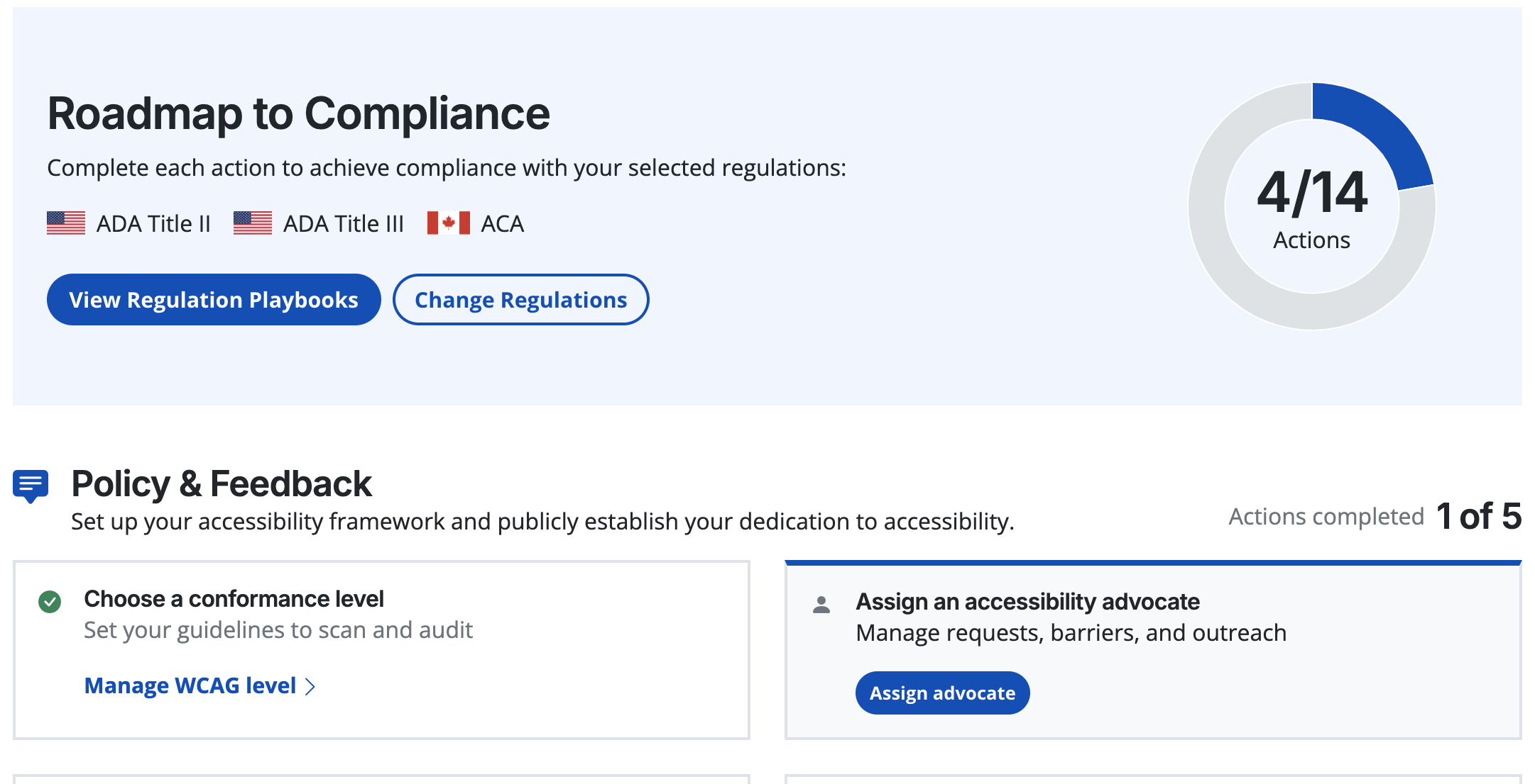 A compliance roadmap with 2 visible steps. Choose a conformance level and assign an accessibility advocate.