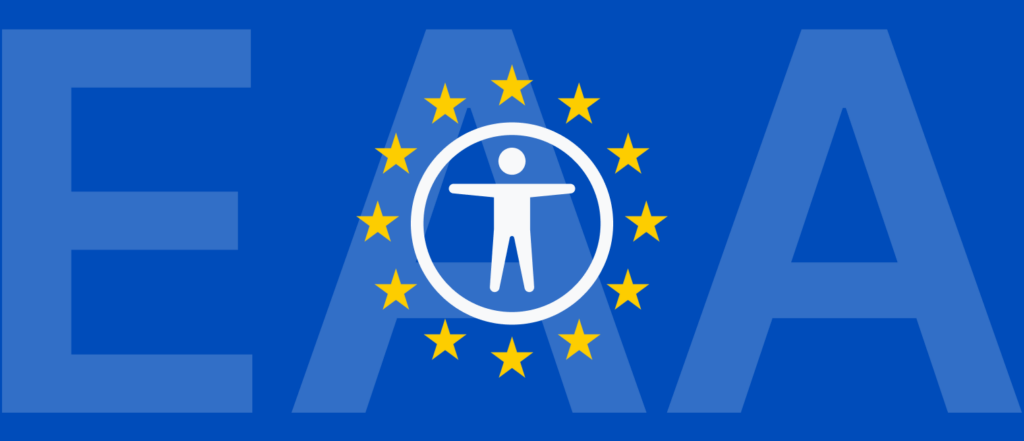 Accessibility figure surrounded by yellow stars on a blue background that reads EAA