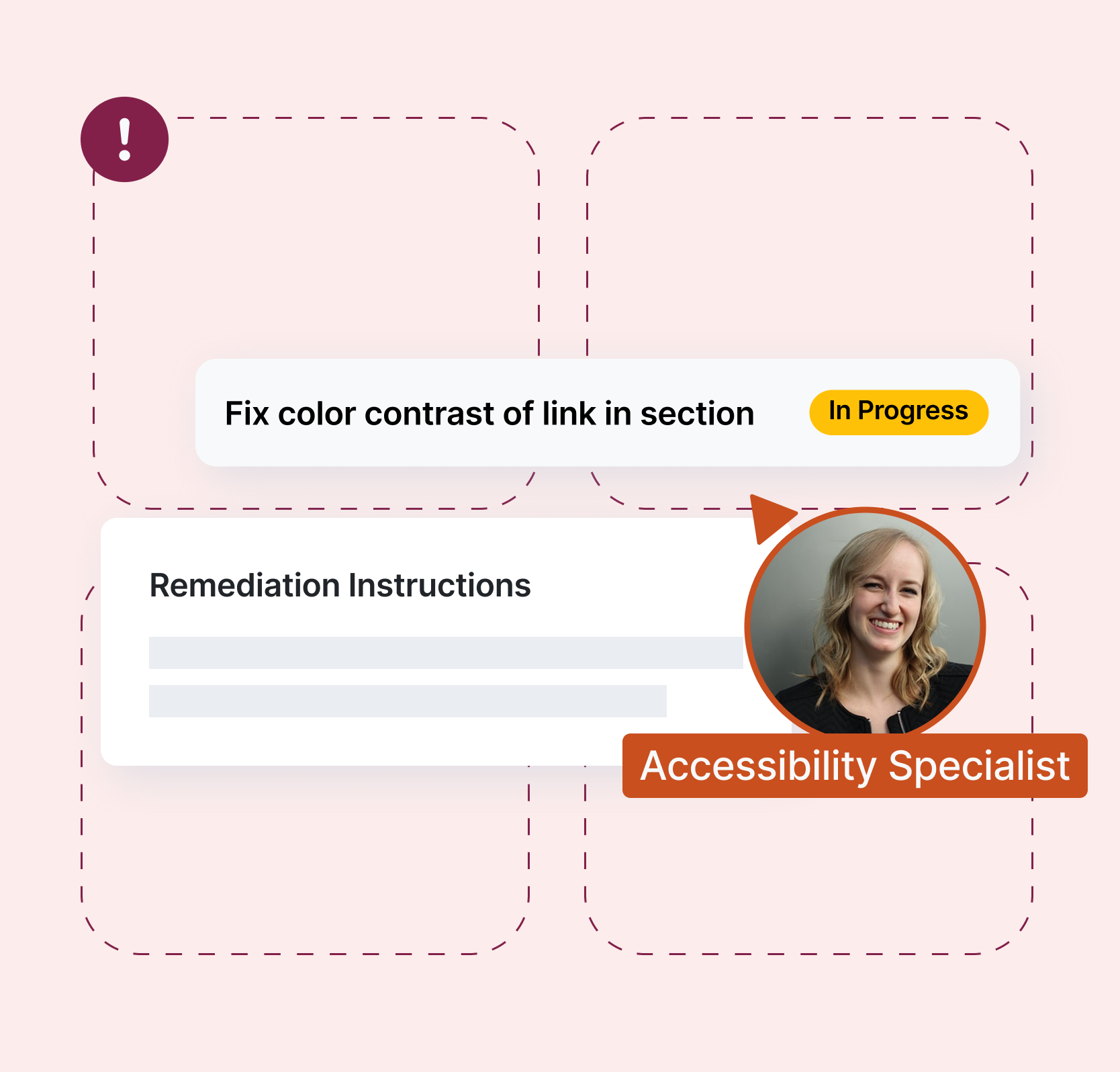 An accessibility specialist's profile picture hovering over a remediation task and remediation instructions.