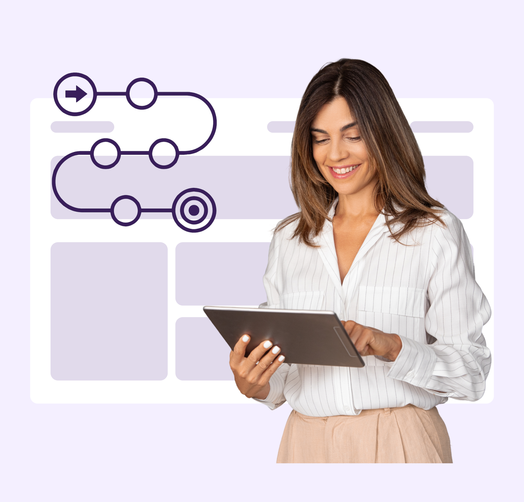 A woman on a tablet next to a website with a roadmap on it.