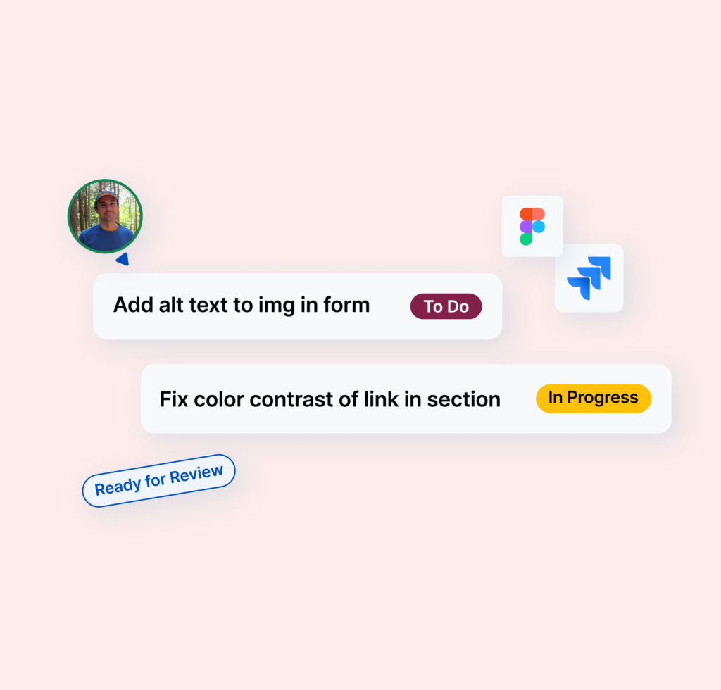 2 remediation tasks, "add alt text to img in form" in to do status, and "fix color contrast of link in section" in in progress status.