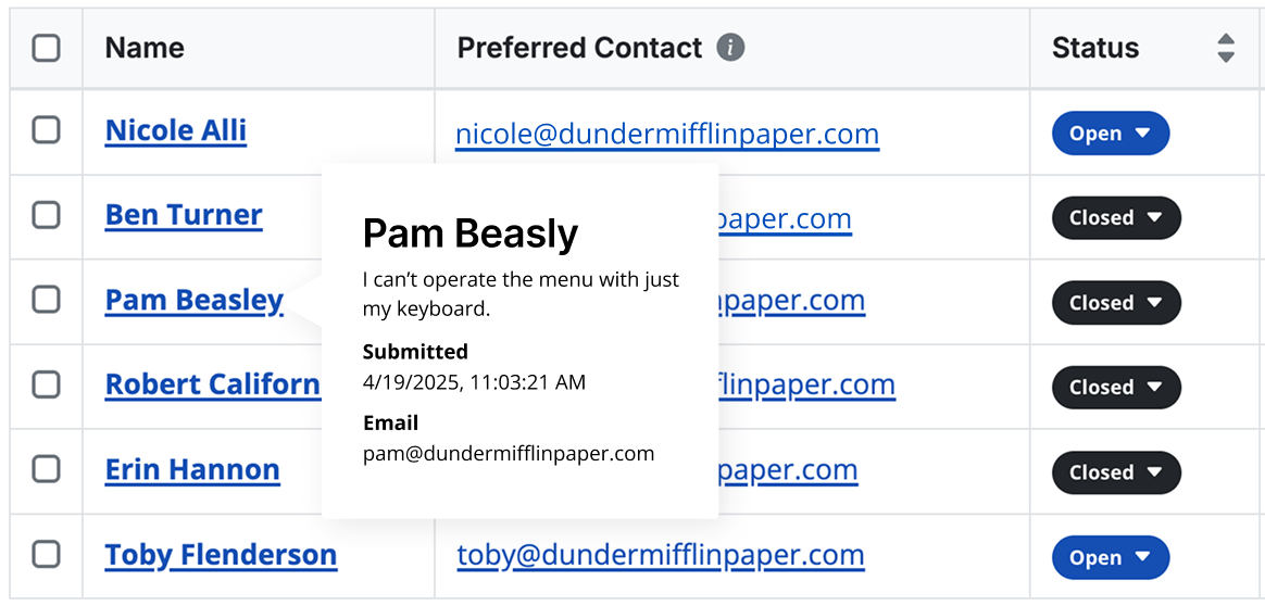 A table of user tickets showing their preferred method of contact and status.