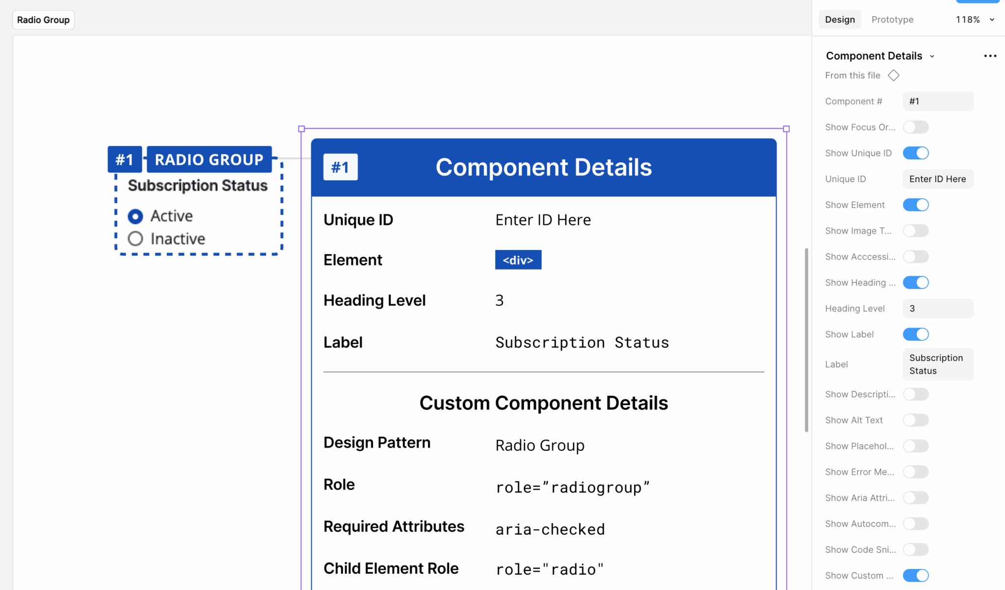 The component details for a radio group.