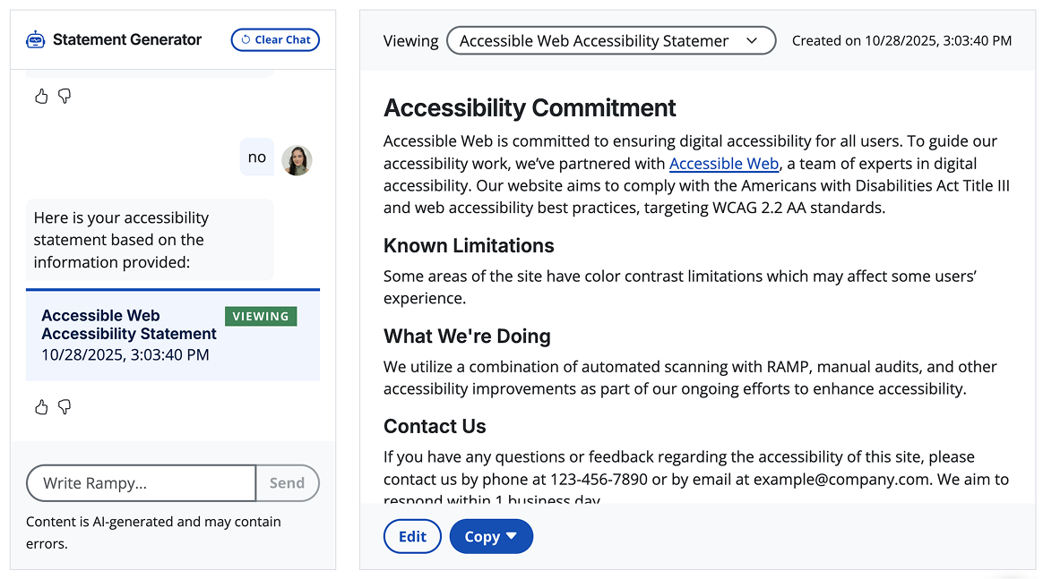 A chat window next to an accessibility statement.