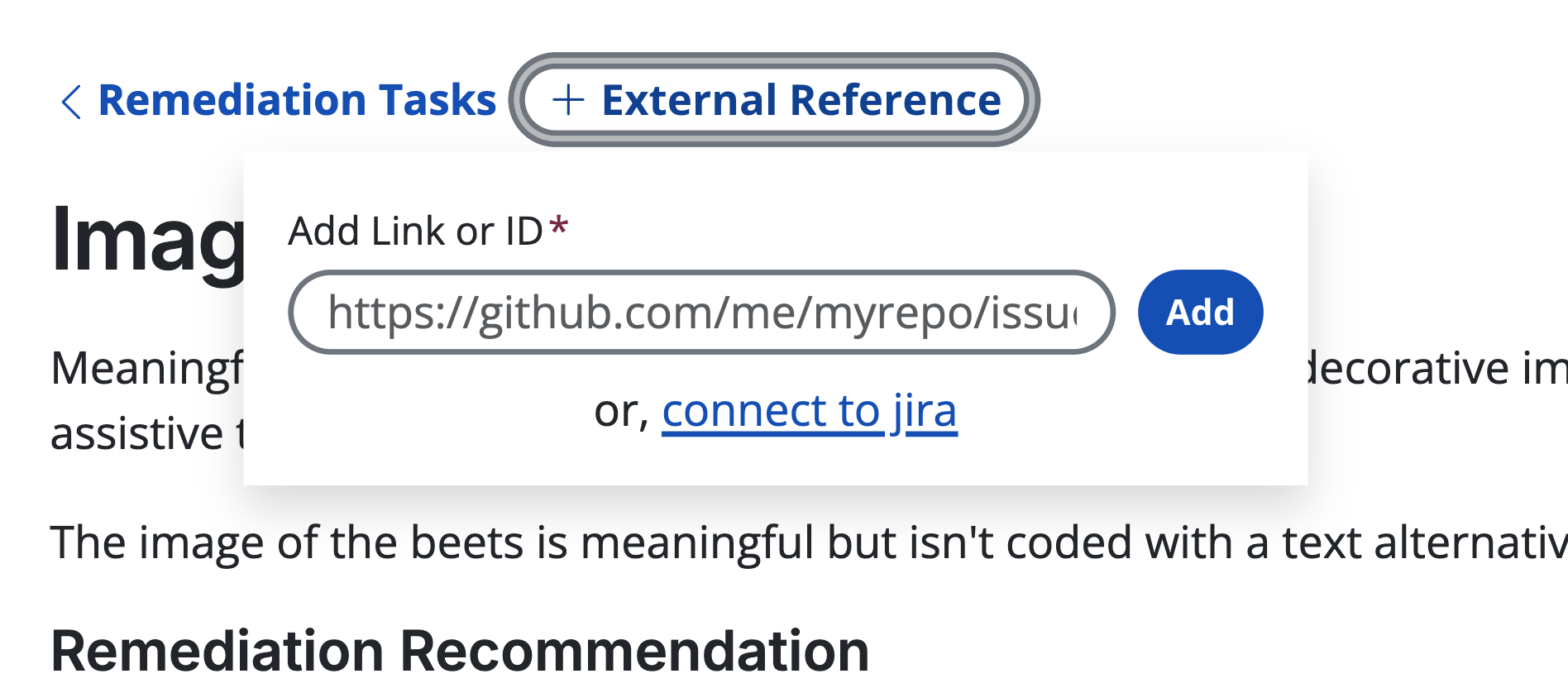A remediation task with a modal for connecting the task to Jira or other sites.