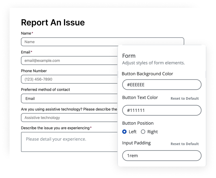 The report an issue form with style customization fields beside it.