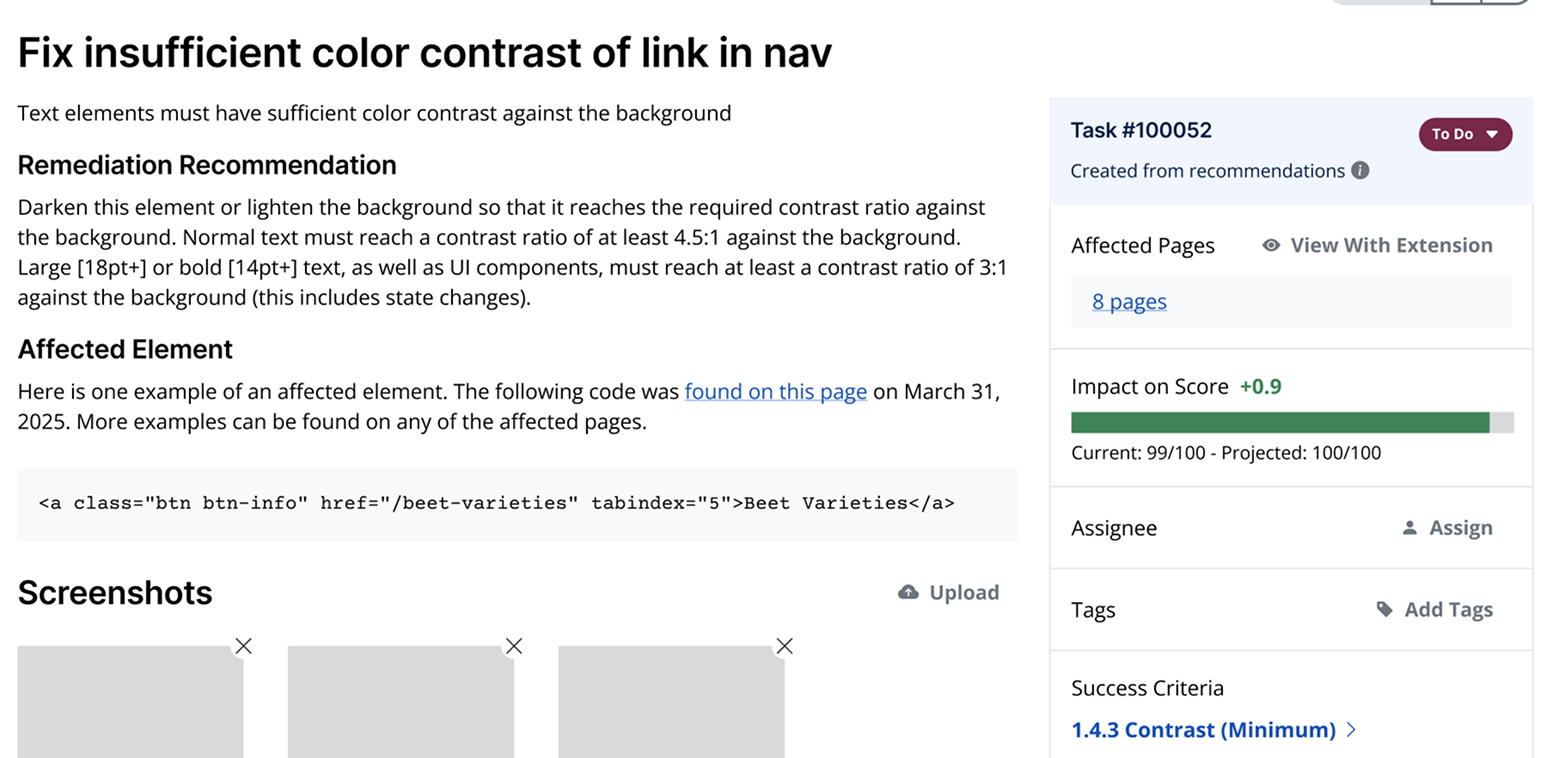 A task about color contrast. It includes remediation instructions, screenshots, status indicator, and customizable fields.