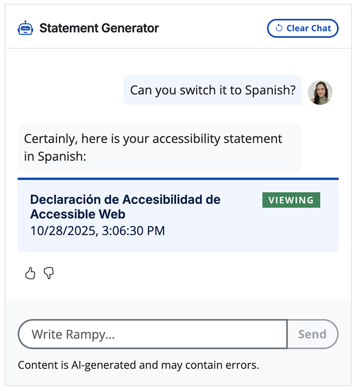 A user telling Rampy to switch the statement's language to Spanish.