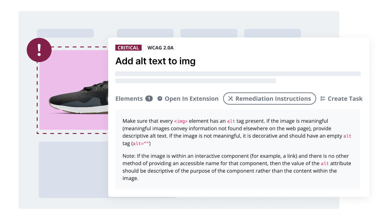 A website with an alt text violation. RAMP is displaying the remediation instructions.
