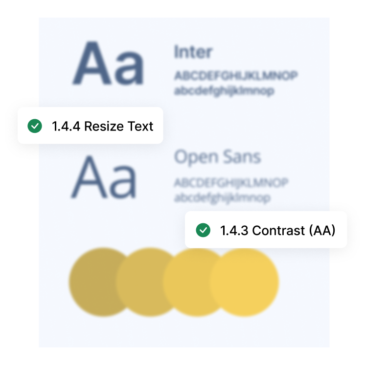 Brand style guide elements with accessibility criteria labels showing text resizing and color contrast compliance.