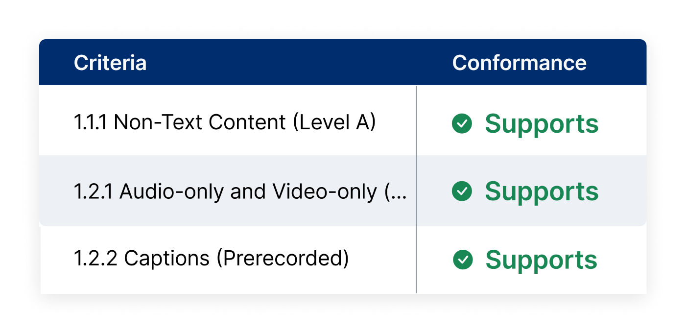 A mock VPAT with a few rows filled out.
