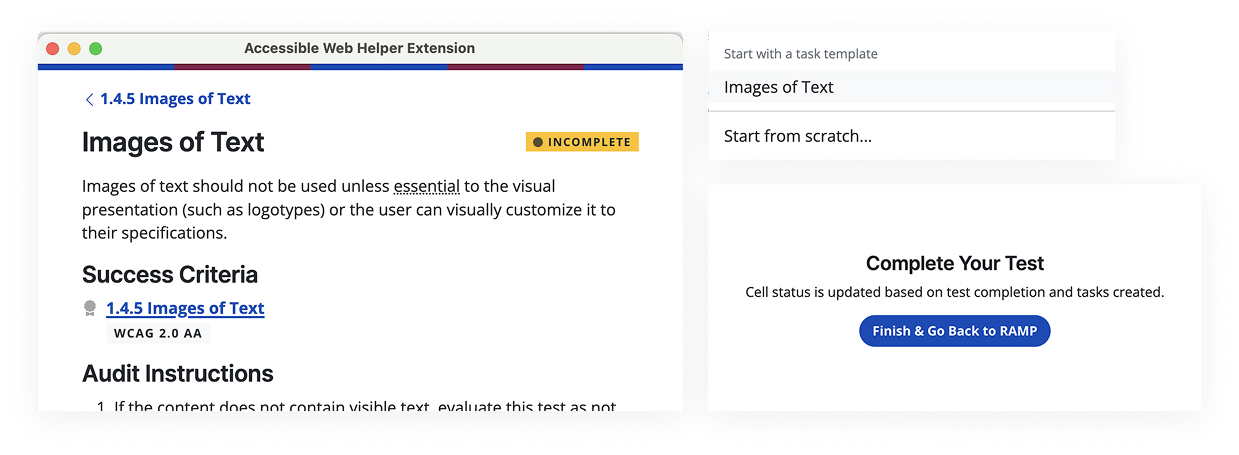 An images of text manual test featuring instructions, a remediation task template, and button to save the information to RAMP.