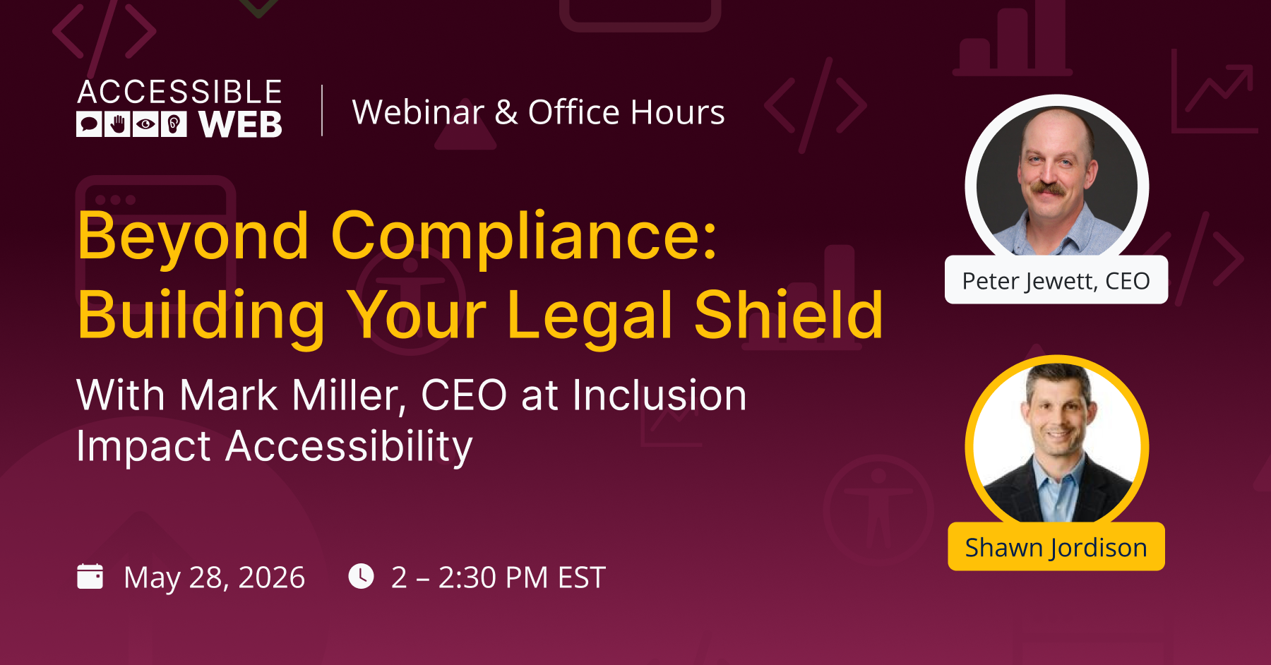 Peter Jewett and Mark Miller's headshots alongside webinar title "Beyond Compliance: Building Your Legal Shield"