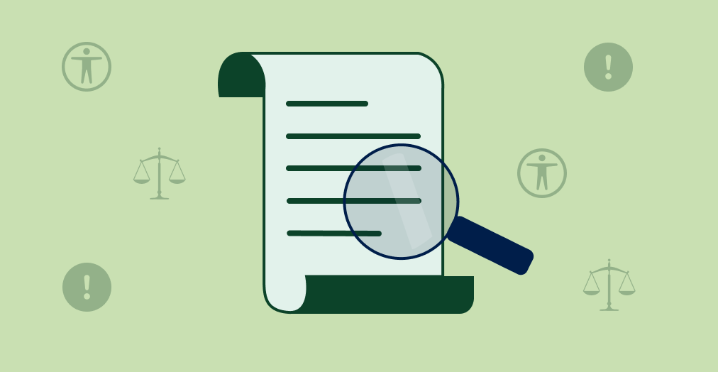 An illustration of a rolled paper document being inspected under a magnifying glass against a light green background. Small, faint background icons include scales of justice, exclamation points, and digital accessibility figures.