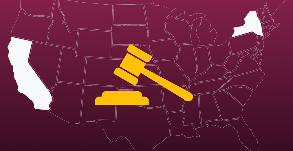 A simplified map of the United States on a maroon background, with the states of California and New York highlighted in solid white. A large yellow legal gavel icon is superimposed over the center of the map.