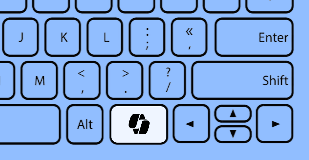 A close-up graphic of a light blue computer keyboard focusing on the bottom-right navigation keys. The Windows Copilot logo is prominently featured on a dedicated white key between the Alt and left arrow keys.