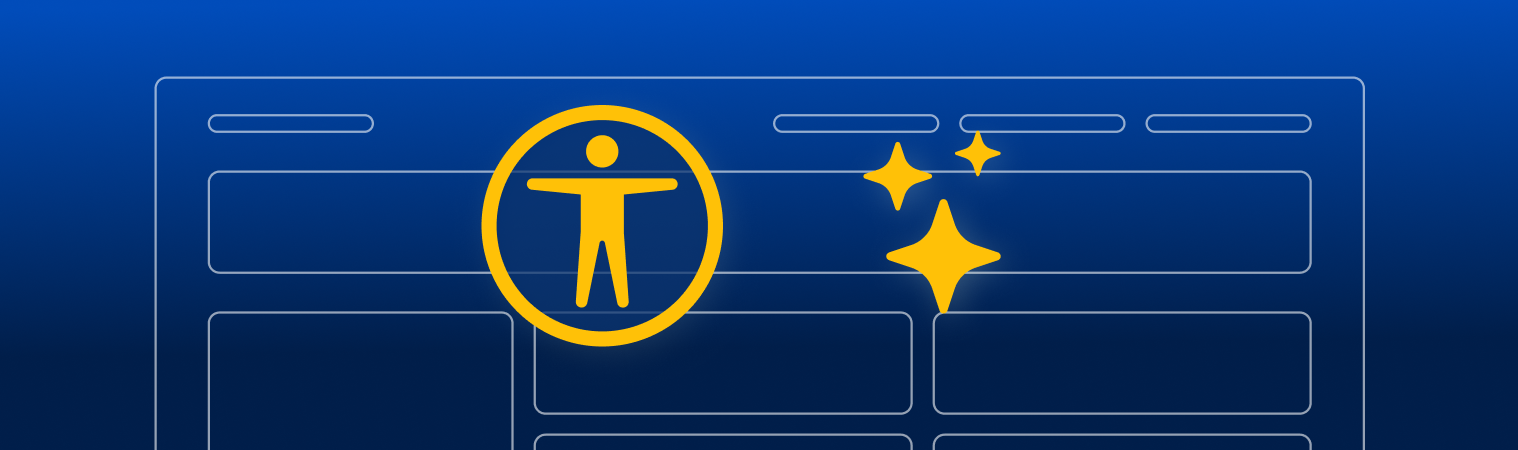 An abstract line drawing of a website interface on a blue gradient background. A yellow digital accessibility icon—a person inside a circle with arms outstretched—and three yellow sparkle icons are overlaid on the graphic.