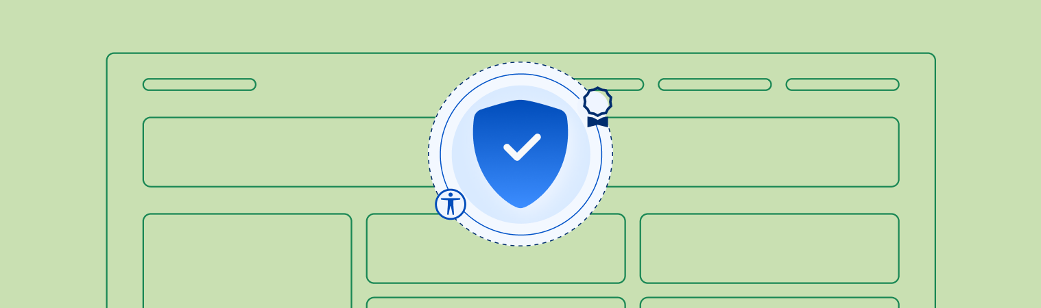 Green background with computer outline and blue shield with checkmark in the middle.