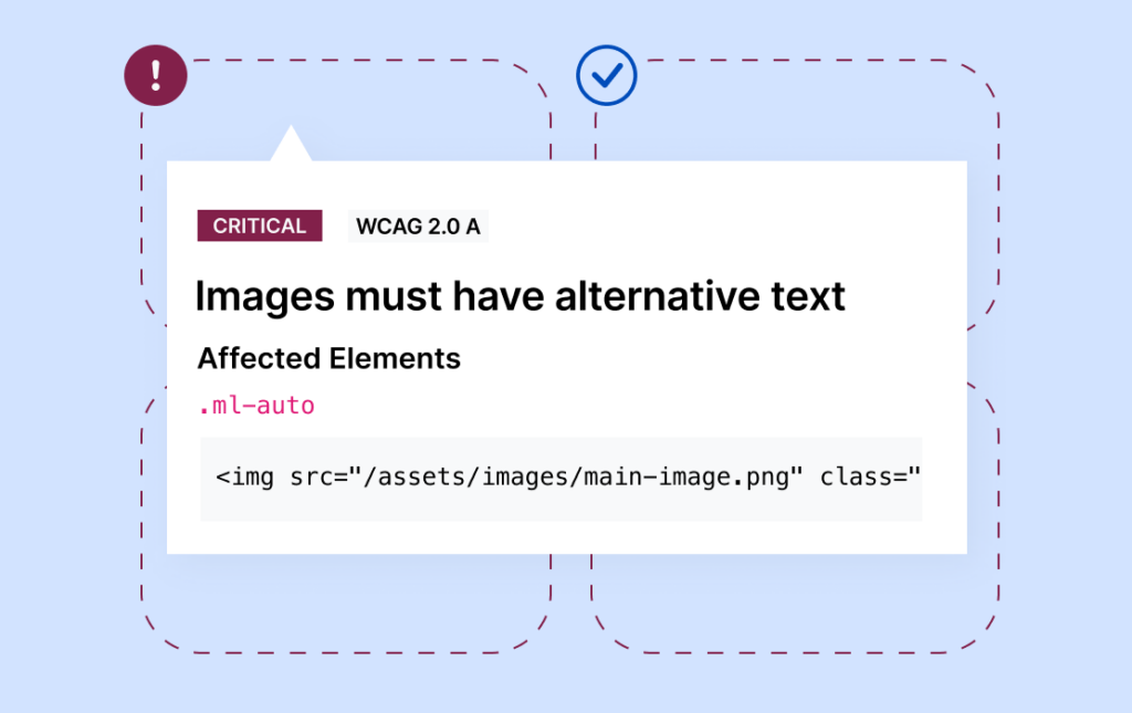 RAMP highlighting a section of a page and showing an alternative text violation, the affected elements, and the severity.