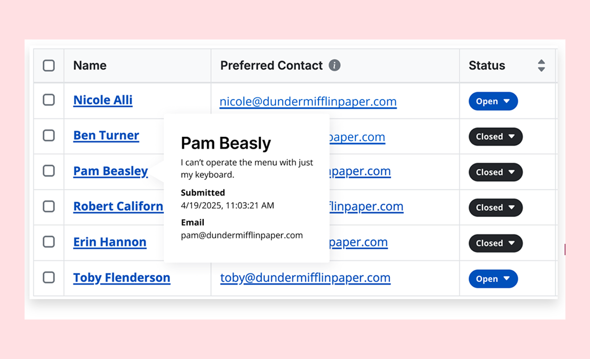 RAMP's user accommodation request table with names, contact info, and status