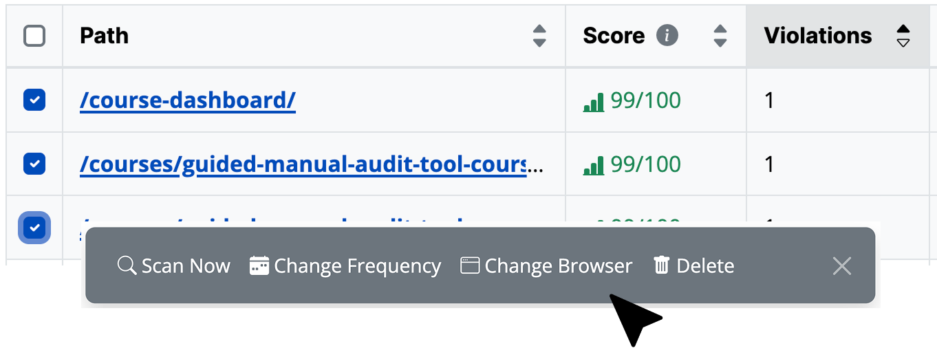 A table of pages with 3 rows selected and a pop up with an option to change the browser profile.
