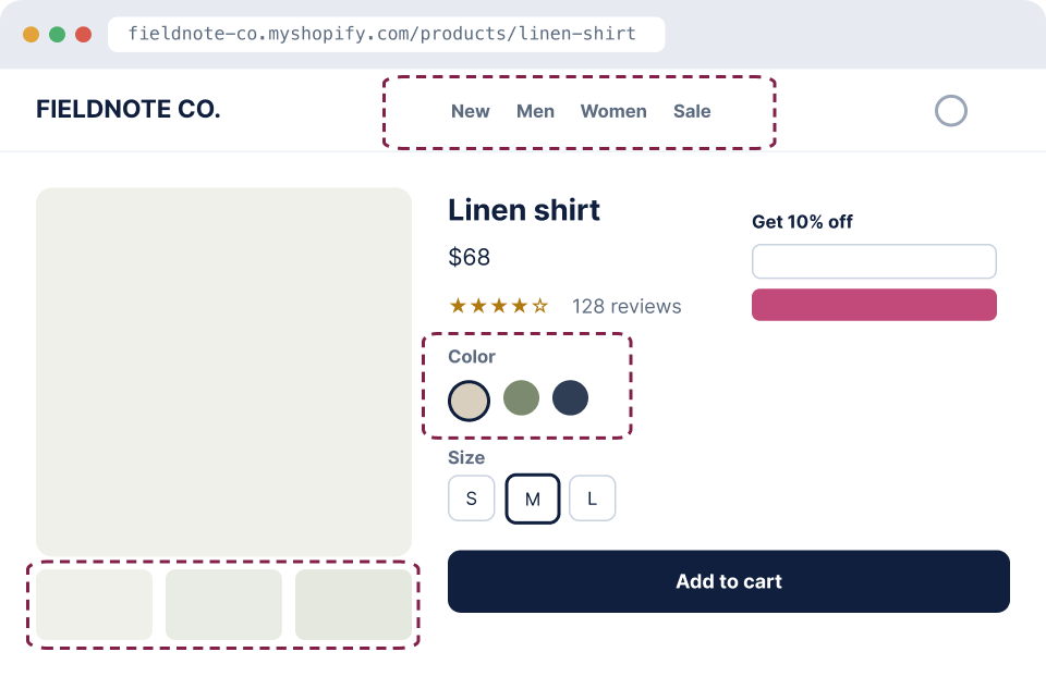 Fictional Shopify store, Fieldnote Co., with three problem areas outlined: a navigation menu a keyboard user can’t get through, product images with no alternative text, and size and color options shown by color alone.